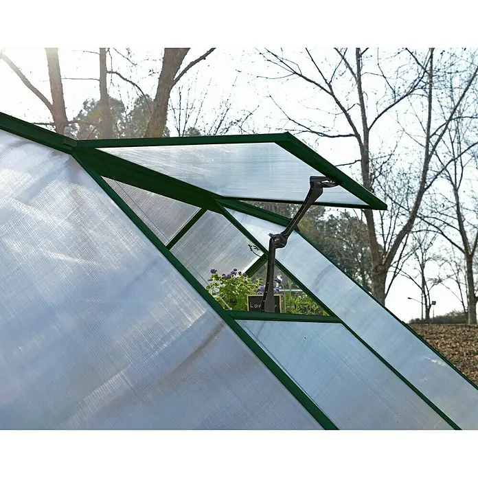 Palram – Canopia Invernadero Hybrid - Medidas ext. (An x Pr): 185 x 426 cm, 0,7 mm, Verde - Primer plano de una ventana de invernadero con apertura automática para regular la ventilación de las plantas en el interior.