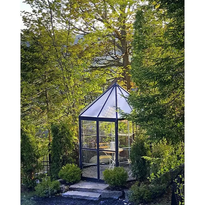 Palram – Canopia Invernadero Oasis - Medidas ext. (An x Pr): 213,2 x 247,1 cm, 0,7 mm, Antracita - Un elegante invernadero de cristal con marco oscuro, rodeado de exuberante vegetación, ideal para amantes de las plantas.