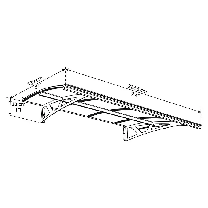 Palram – Canopia Pultvordach Amsterdam - 223,5 x 139 x 33 cm, Anthrazitgrau - Abbildung eines Vordachs mit Maßangaben.