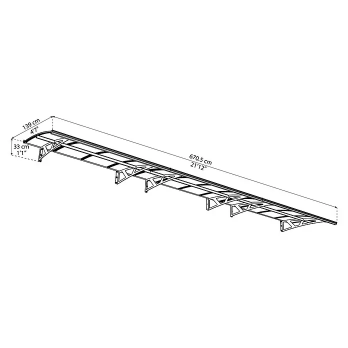 Palram – Canopia Marquesina para puerta Amsterdam - 670,5 x 139 x 33 cm, Gris antracita - Imagen de un dosel largo y estrecho, que incluye las dimensiones para la instalación y la planificación.