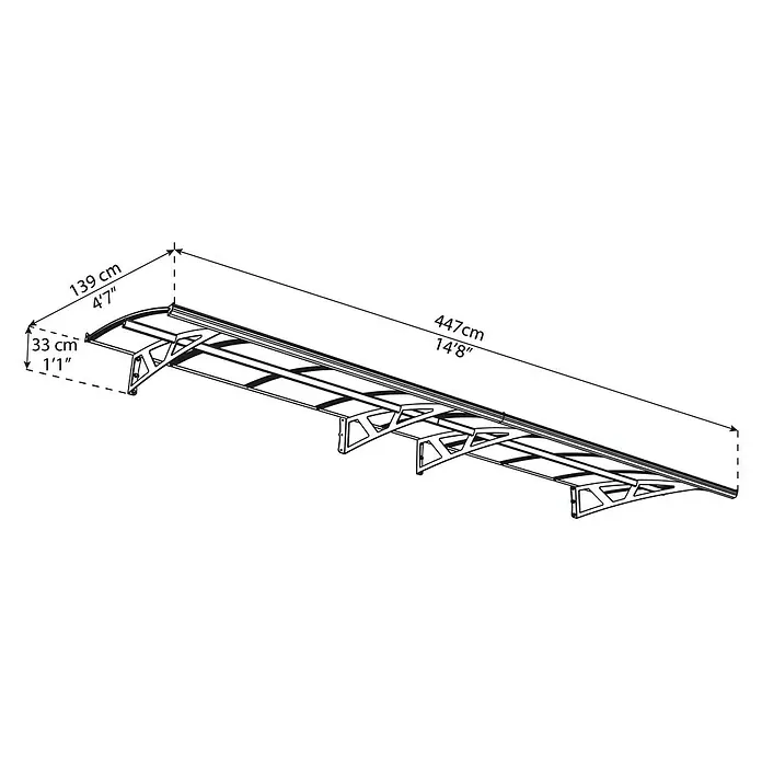 Palram – Canopia Marquesina para puerta Amsterdam - 447 x 139 x 33 cm, Gris antracita - Ilustración de un toldo de dosel largo con dimensiones. Las dimensiones son 447 cm de largo, 139 cm de ancho y 33 cm de alto.