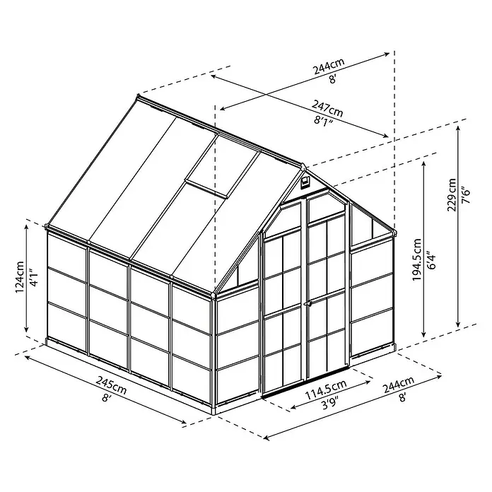 Palram – Canopia Invernadero Balance - Medidas ext. (An x Pr): 244 x 247 cm, 0,7 mm, Plateado - Vista en perspectiva de un invernadero con dimensiones de altura, anchura y longitud en centímetros y pies.