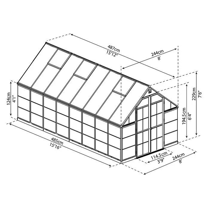 Palram – Canopia Invernadero Balance - Medidas ext. (An x Pr): 244 x 487 cm, 0,7 mm, Plateado - Dibujo en perspectiva de un invernadero con dimensiones de longitud, anchura y altura en centímetros y pies.