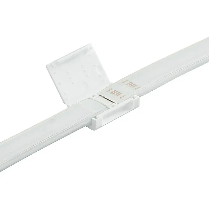 Philips Hue LED-Band Plus Basis - 2 m, RGBW - Nahaufnahme einer weißen LED-Leiste mit offenem Anschlussstück, ideal für moderne Beleuchtungslösungen und einfache Installation.