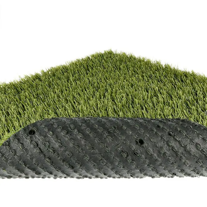 Kunstrasen Meterware Palma - Breite: 400 cm, Grün, Mit Drainagenoppen - Kunstrasenstück mit grünen Fasern und schwarzer Unterlage. Ideal für Garten, Terrasse oder Balkon.