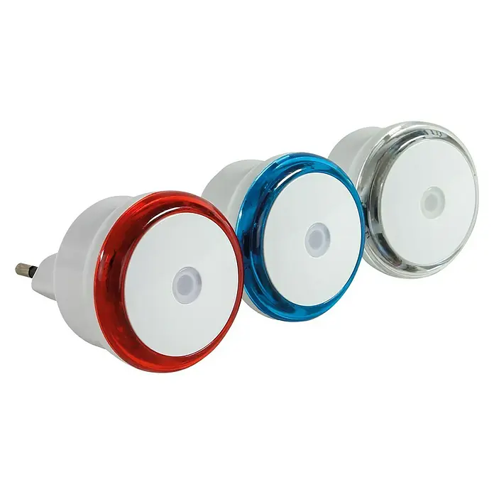 REV LED-Nachtlicht - 0,8 W, Bunt, Weiß, 3 Stk. - Nahaufnahme von drei automatischen LED-Nachtlichtern mit Bewegungssensor in Rot, Blau und Klar mit weißem Lichtbereich.