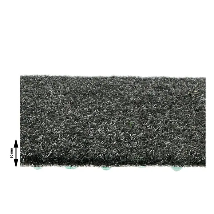 Rasenteppich Meterware Green - Breite: 200 cm, Anthrazit, Mit Drainagenoppen - Nahaufnahme eines Teppichmusters, das die Textur und die Details der Fasern zeigt.
