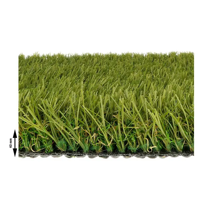 Kunstrasen Meterware Palma - Breite: 400 cm, Grün, Mit Drainagenoppen - Nahaufnahme von Kunstrasen mit einer Halmhöhe von 40 mm, ideal für Gärten und Sportplätze.