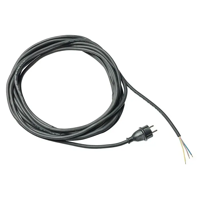 REV Anschlusskabel - 10 m, H07RN-F, Aderquerschnitt: 1,5 mm², Schwarz - Schwarzes Stromkabel mit Stecker und offenen Enden, zusammengerollt auf weißem Grund.