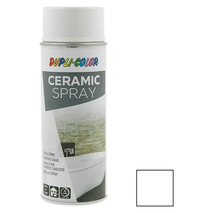 Dupli-Color Special Spray para retoques - Blanco, Brillante, 400 ml - Imagen de una lata de aerosol cerámico Dupli-Color, ideal para pintar superficies esmaltadas, de secado rápido y fácil de usar.