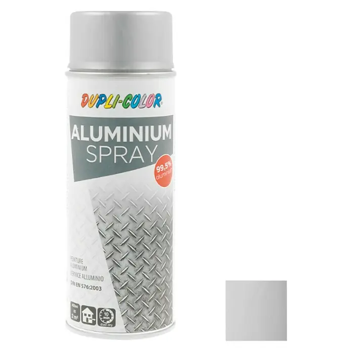 Dupli-Color Basic Spray de aluminio - Plateado metálico, Satinado, 400 ml - Imagen de un aerosol de aluminio Dupli-Color, ideal para pintar con un acabado metálico y un tiempo de secado rápido.