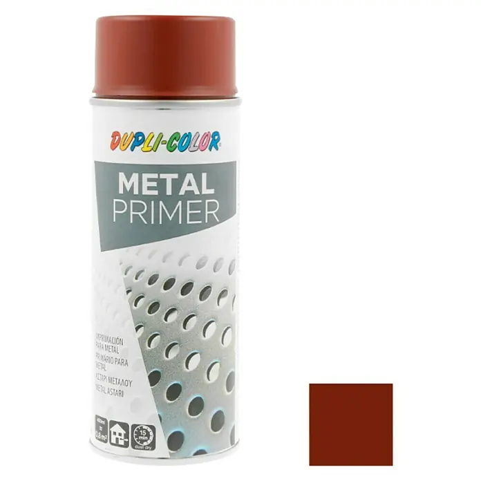 Dupli-Color Basic Imprimación metálica - Rojo-pardo, 400 ml, Mate - Bote de imprimación para metal Dupli-Color en marrón, ideal para preparar superficies metálicas antes de pintar.