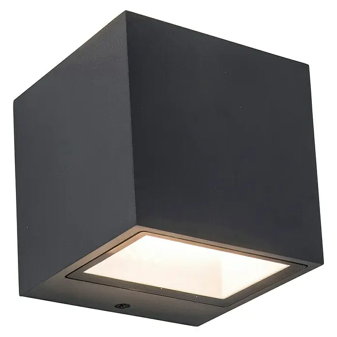 Lutec Aplique exterior LED Gemini - 9 W, 88 x 85 x 86 mm, Antracita, IP54 - Primer plano de una lámpara de pared antracita moderna en forma de cubo con abertura de luz cuadrada.