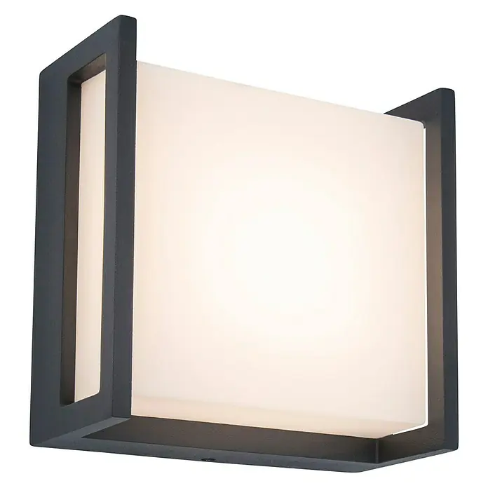 Lutec Aplique exterior LED Qubo - 8 W, Antracita, IP54 - Primer plano de una lámpara de pared cuadrada con marco gris y luz brillante y difusa.