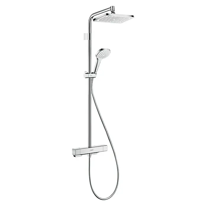 Hansgrohe Croma E Duschsystem Showerpipe 280 1jet Varia - Mit Thermostatarmatur, Lochabstand: 80 cm - 90 cm, Anzahl Strahlarten: 4 Stk., Chrom - Ein verchromtes Duschsystem mit Kopf- und Handbrause sowie Thermostatarmatur für ein luxuriöses Duscherlebnis.