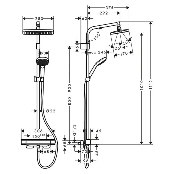 Hansgrohe Croma E Sistema de ducha - Con grifo termostático, Distancia entre orificios: 80 cm - 90 cm, Número de tipos de chorro: 4 ud., Cromo - Dibujo dimensional de un sistema de ducha con cabezal y ducha de mano, incluyendo todas las dimensiones relevantes para la instalación.