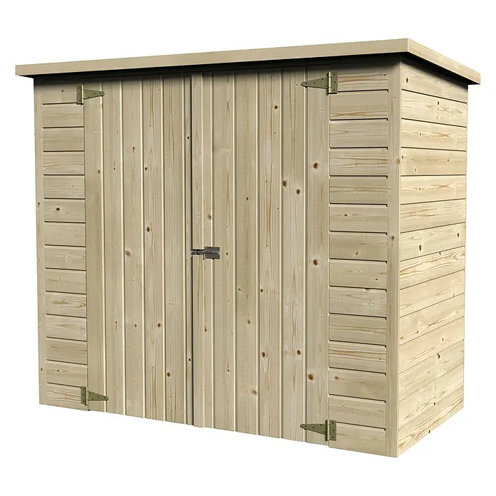 Décor et Jardin Gerätehaus Bike Box - 193 cm, 98 cm, Holz, Natur - Außenaufnahme eines Holzschuppens. Der Holzschuppen verfügt über eine Doppeltür und ein schlichtes, geneigtes Dach und ist aus hellfarbenem Holz gefertigt.