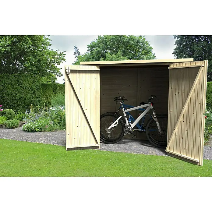Décor et Jardin Gerätehaus Bike Box - 193 cm, 98 cm, Holz, Natur - Ein Holzschuppen mit Fahrrädern im Garten. Der Schuppen hat offene Türen und ist aus hellem Holz gefertigt.