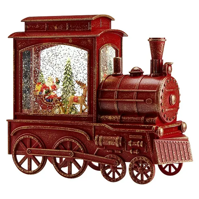 Markslöjd LED-Schneelaterne Lokomotive - Innen, Rot, 23 x 8 x 19 cm, Lokomotive, Batteriebetrieben - Festlicher roter Weihnachtszug mit Schneekugel, der Santa, einen Baum und ein Rentier zeigt.