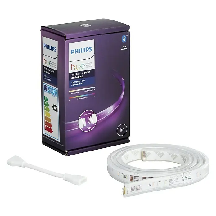 Philips Hue Tira LED Plus - 1 m, RGBW - Paquete de extensión Philips Hue Lightstrip Plus. El producto incluye tiras LED y conectores suministrados en el embalaje original.