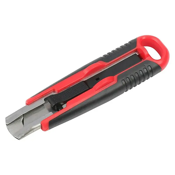 Wisent Sicherheitsmesser STM 70 - Trapezklinge, Automatischer Klingenrückzug - Ein rotes und schwarzes Universalmesser mit ausziehbarer Klinge für verschiedene Schneidarbeiten.