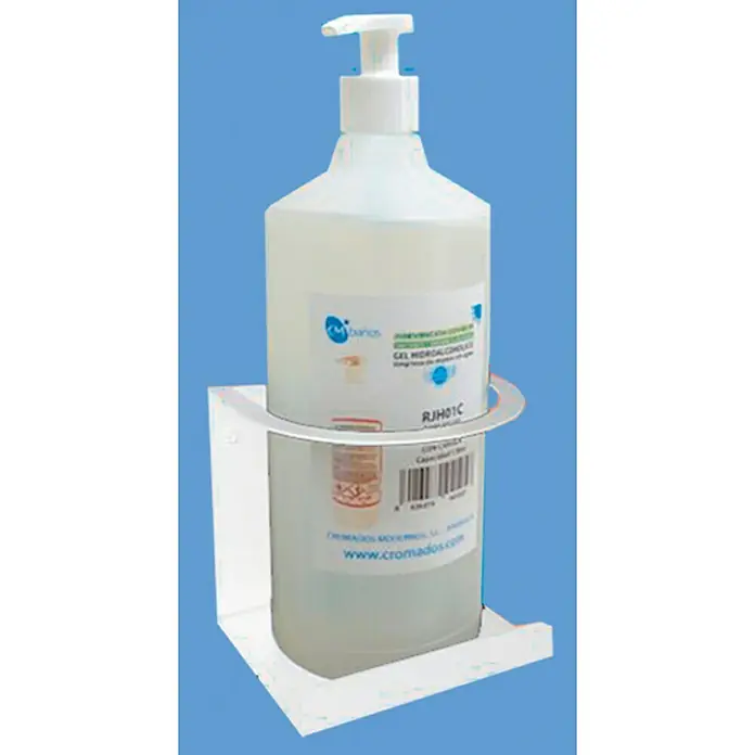 CM Baños Soporte de pared para dispensador de desinfectante hidroalcohólico - Blanco, Acero - Dispensador de desinfectante de manos con botella de gel en un soporte, ideal para lugares públicos.