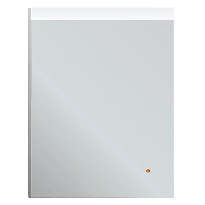 Camargue Espejo con luz Cies - 60 x 80 cm - Un espejo de baño moderno y rectangular con un marco blanco elegante y un pequeño sensor naranja.