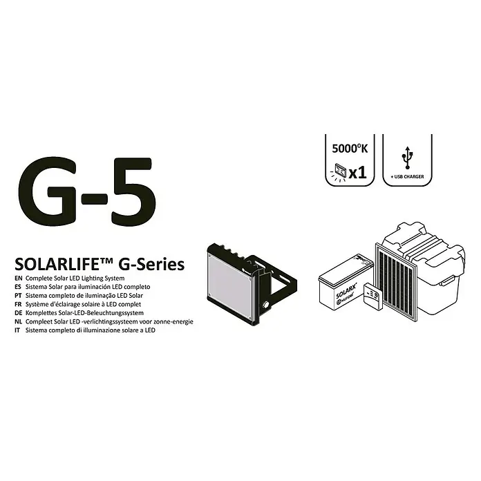 Xunzel Kit de generación solar Solarlife - 5 W - Imagen de una lámpara solar SolarLife™ G-Series G-5. Sistema de iluminación LED completo con 5000K, carga USB y panel solar.