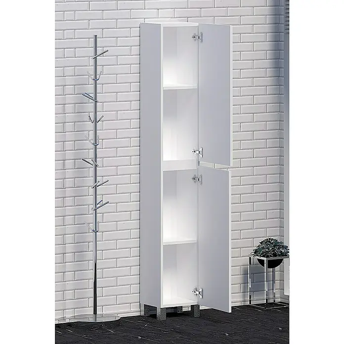 Artysan Armario alto de baño Elicio - 27 x 25 x 181 cm, Blanco - Fotografía de un alto mueble de baño blanco con sus puertas abiertas, mostrando los estantes interiores y el espacio para el almacenamiento.