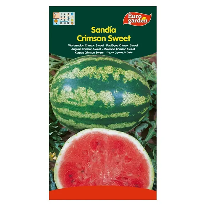 Euro Garden Semillas de vegetales Sandía crimson sweet - Cosecha: Junio - Paquete de semillas de sandía "Sandía Crimson Sweet" con una sandía entera y una cortada que muestra su pulpa roja.