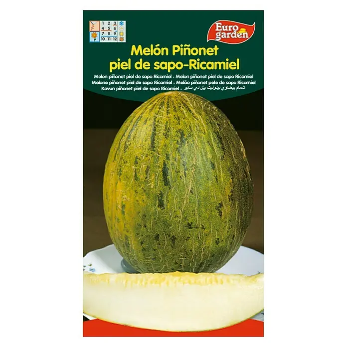 Euro Garden Semillas de vegetales Melón piel de sapo Ricamiel - Cosecha: Junio - Melón Piñonet piel de sapo-Ricamiel, un melón oblongo, verde amarillento con pulpa clara y jugosa y el logotipo de Euro garden.