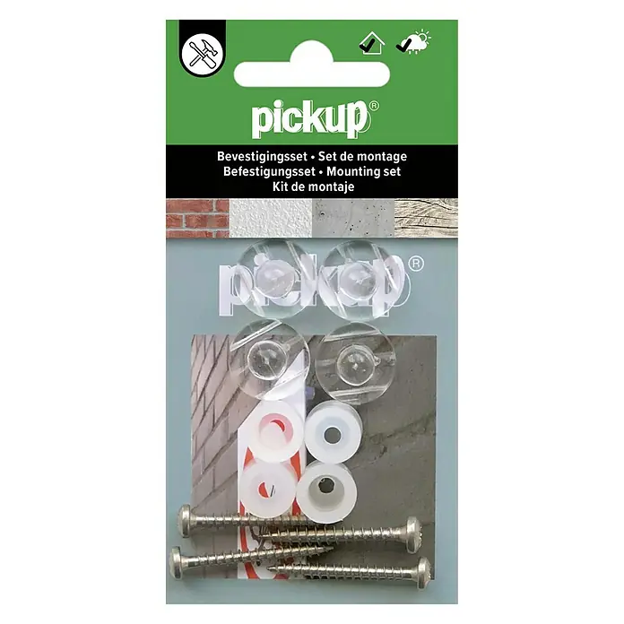 Pickup Verlege-Set unsichtbar - 12 -tlg. - Bild einer Pickup-Montageset-Packung mit durchsichtigen Haltern, Schrauben und Distanzstücken für die Wandmontage.