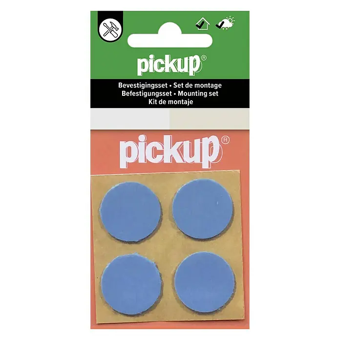 Pickup Verlege-Set - 4 Stk. - Abbildung einer Pickup Mounting Set-Packung mit vier blauen, runden Pads zur Befestigung verschiedener Gegenstände im Haushalt.