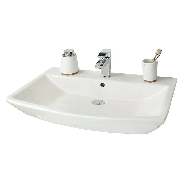Camargue Paris Waschtisch - B x L: 71 x 47,5 cm, Ohne Spezialglasur, Hahnloch: Mitte, Weiß - Ein elegantes Waschbecken mit Armatur, Seifenspender und Zahnbürstenhalter präsentiert modernes Baddesign.