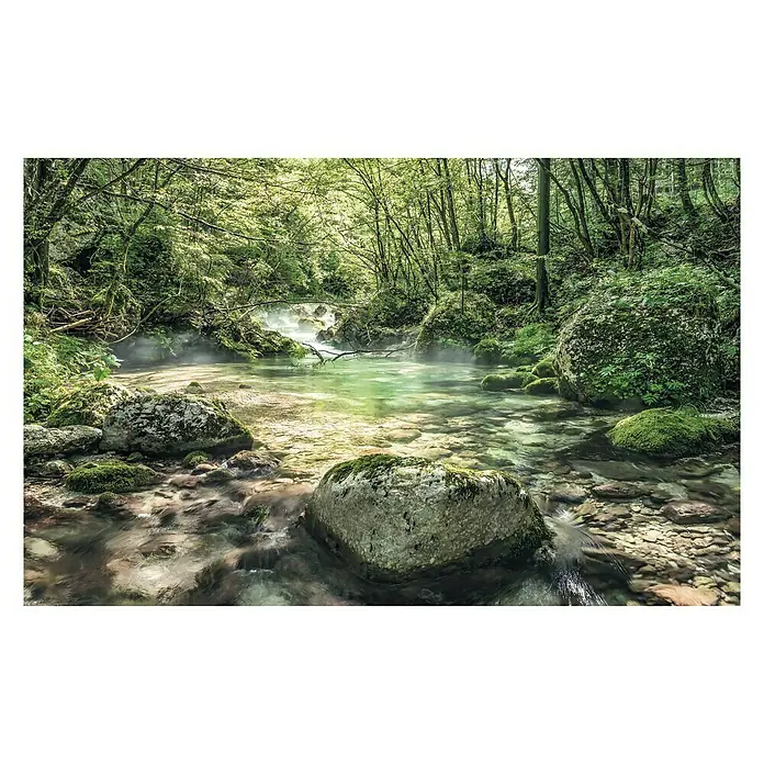 Komar Stefan Hefele Edition 1 Fototapete Tranquil Pool - 4 -tlg., B x H: 400 x 250 cm, Vlies - Verzauberte Waldszene mit klarem Bach, moosbedeckten Steinen und sanftem Nebel. Ein friedlicher Anblick der Natur.