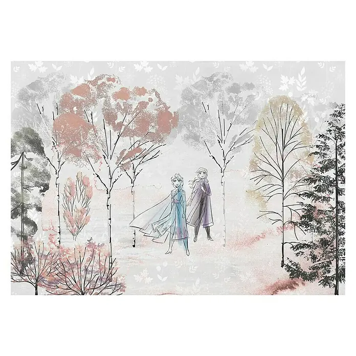 Komar Disney Edition 4 Fototapete Frozen Natural Spirit - 8 -tlg., B x H: 400 x 280 cm, Vlies - Illustration mit Elsa und Anna aus Frozen in einem Winterwald. Perfekt für Kinderzimmer oder als Geschenk für Frozen-Fans.