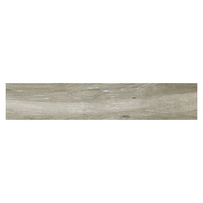 BHS Showroom Pavimento porcelánico Atelier - 120 x 23,3 cm, Gris - Primer plano de una superficie de piso de madera. El producto es una tabla larga con un patrón de vetas que crea una apariencia envejecida naturalmente.