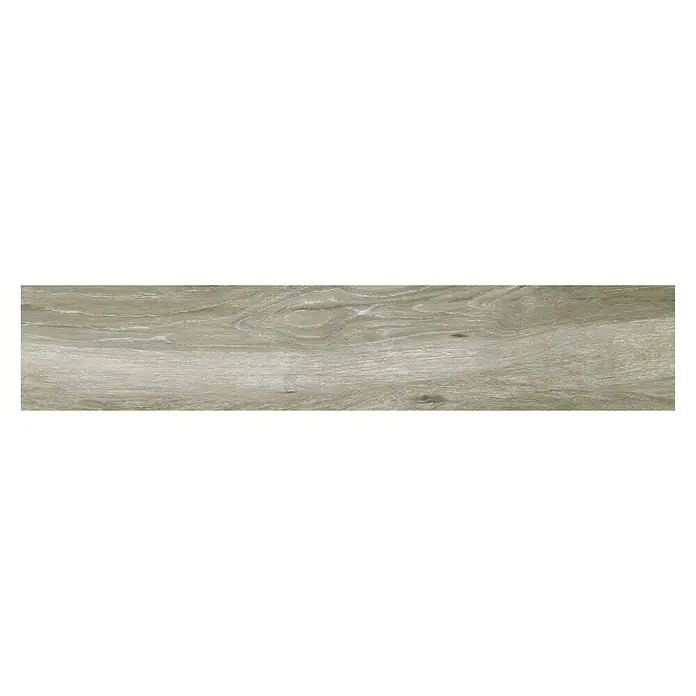 BHS Showroom Pavimento porcelánico Atelier - 120 x 23,3 cm, Gris - Primer plano de una superficie de piso de madera. El producto es una tabla larga con un patrón de vetas que crea una apariencia envejecida naturalmente.