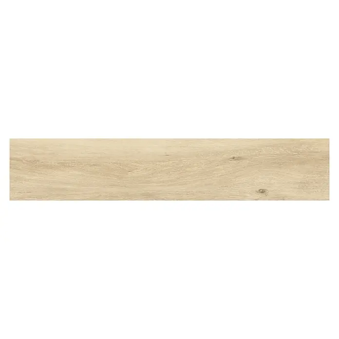 BHS Showroom Pavimento porcelánico Atelier - 120 x 23,3 cm, Natural - Representación de una sola baldosa de madera alargada con vetas de madera claras y naturales, ideal para diseños modernos de suelos o paredes.