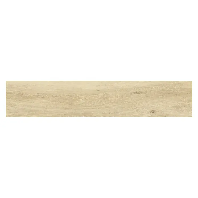 BHS Showroom Pavimento porcelánico Atelier - 120 x 23,3 cm, Natural - Representación de una sola baldosa de madera alargada con vetas de madera claras y naturales, ideal para diseños modernos de suelos o paredes.