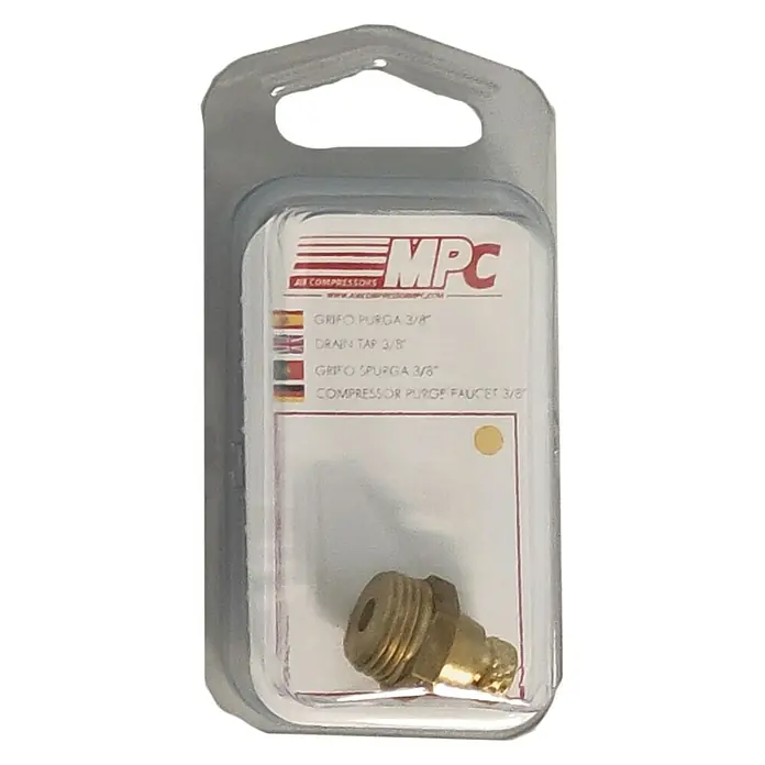 MPC Tapón purgador - ⅜″, Presión máx.: 10 bar - Primer plano de un grifo de drenaje de compresor de 3/8 de pulgada empaquetado, adecuado para la mayoría de compresores.