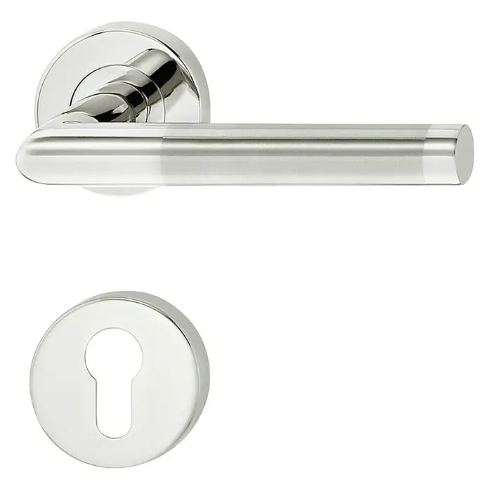 Häfele Drückergarnitur 9 - Stärke Tür: 38 mm - 42 mm, Edelstahl, L-Form, Profilzylinder - Elegante Türgarnitur aus Edelstahl mit abgerundeten Formen, bestehend aus Griff und Rosette für moderne Türen.
