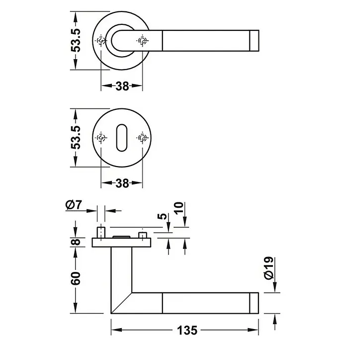 Häfele Drückergarnitur 9 - Stärke Tür: 38 mm - 42 mm, Edelstahl, L-Form, Profilzylinder - Technische Zeichnung eines Türgriffs mit den Maßen 53,5 x 38 mm, Höhe 60 mm, Tiefe 135 mm und Durchmesser 19 mm.