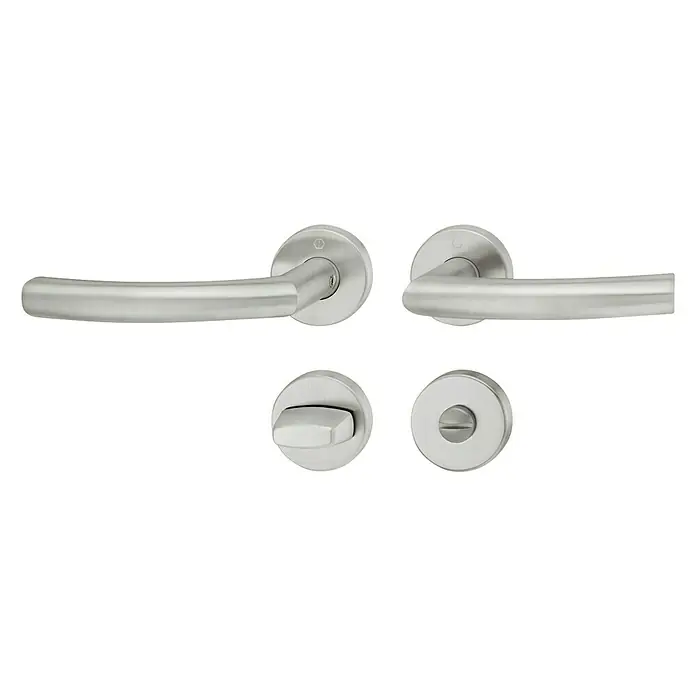 Häfele WC-Drückergarnitur 5 - Schlitzkopf/Olive, Edelstahl - Elegantes Türgriff-Set in Silber, bestehend aus zwei Griffen und zwei runden Rosetten für moderne Inneneinrichtungen.