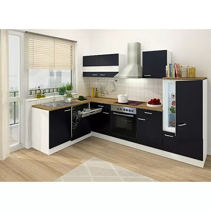 Respekta Cocina esquinera - An x Pr x Al: 280 x 172 x 200 cm, Negro, Con electrodomésticos - Cocina moderna en forma de L con gabinetes azul oscuro, encimeras de madera clara y electrodomésticos integrados.