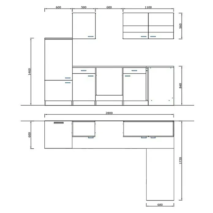 Respekta Winkelküche Malia Typ 3 - B x T x H: 280 x 172 x 200 cm, Weiß/Beton, Mit Elektrogeräten - Küchenlayout mit Schränken und Maßen. Optimale Raumplanung durchdacht. Moderne Gestaltung für funktionale Küchen.