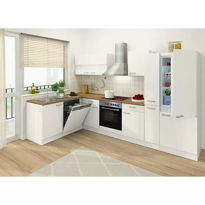 Respekta Cocina esquinera - An x Pr: 310 x 172 cm, Blanco, Con electrodomésticos - Cocina blanca moderna con encimeras de madera y electrodomésticos integrados (lavavajillas y frigorífico abiertos, fregadero).