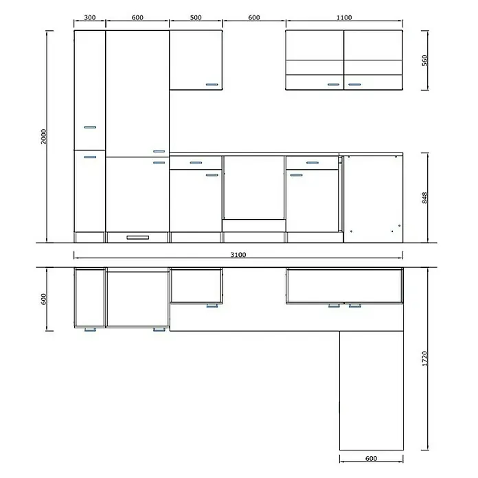 Respekta Winkelküche Malia Typ 4 - B x T: 310 x 172 cm, Weiß, Mit Elektrogeräten - Küchenplan mit Maßen. Der Plan zeigt Küchenschränke und Arbeitsflächen mit den dazugehörigen Breiten, Höhen und Tiefen.