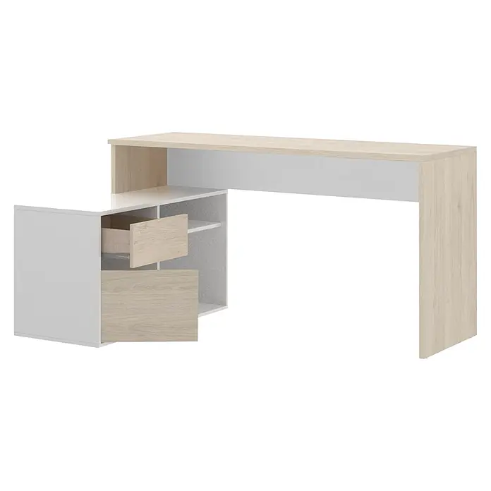 Dekit Mesa de escritorio Rox - L x An x Al: 92 x 139 x 75 cm, Natural/Blanco - Escritorio moderno con elementos blancos y de madera clara y cajones abiertos para una elegante oficina en casa.