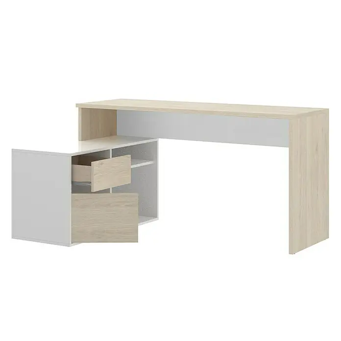 Dekit Mesa de escritorio Rox - L x An x Al: 92 x 139 x 75 cm, Natural/Blanco - Escritorio moderno con elementos blancos y de madera clara y cajones abiertos para una elegante oficina en casa.